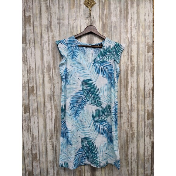 Tahari NWT Women's Palm Leaf Print 100% Linen Flutter Sleeve Shift Dress XS - Picture 1 of 6